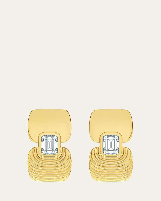 18K Yellow Gold Adire Emerald Cut Earrings with White Diamonds
